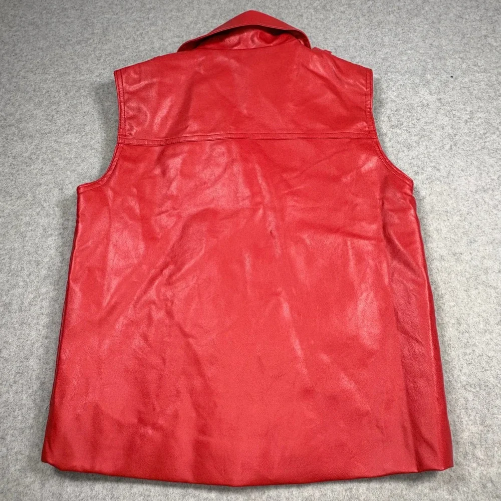 Red Faux Leather Moto Vest Asymmetrical Zip Biker Jacket Sleeveless Red Size 150